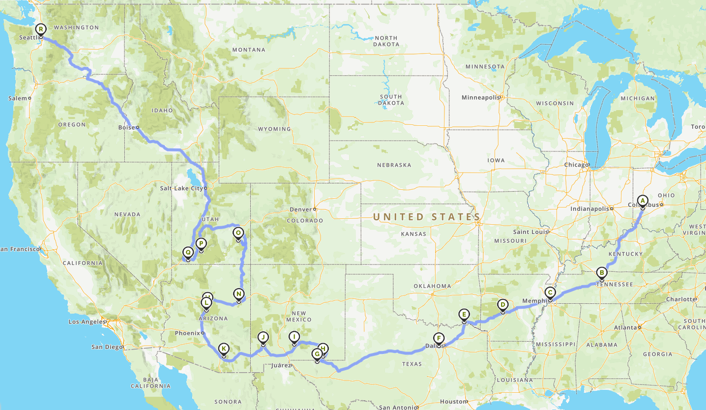 Map of general route: Ohio, Kentucky, Tennessee, Arkansas, Oklahoma, Texas, New Mexico, Arizona, Utah, Idaho, Oregon, Washington